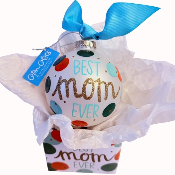 Best Mom Ever Glass Ornament Hand Painted By Coton Colors Gift Box Christmas - Picture 1 of 14